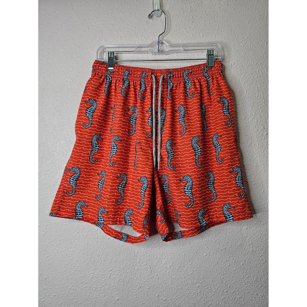 Rainforest Mens Orange Seahorse Print Swim Trunks Mesh Lined Stretch Size L